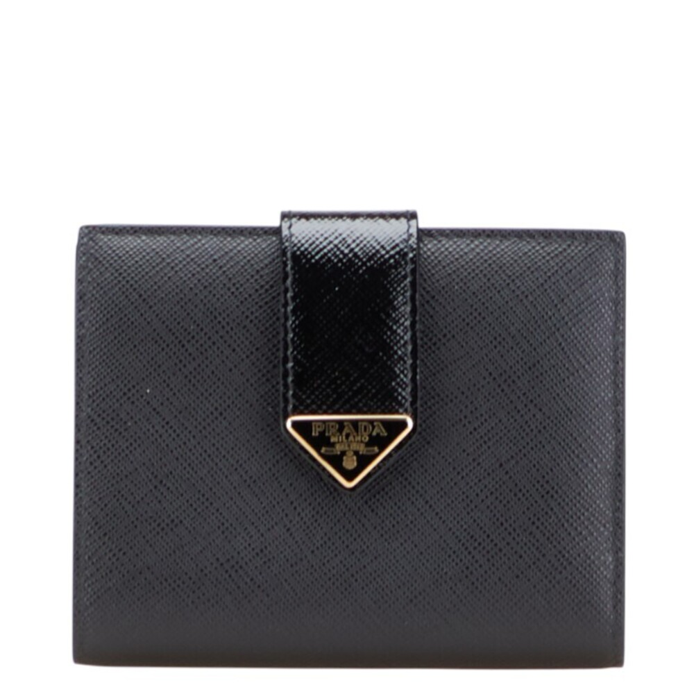 Prada triangular logo plate bifold wallet black Saffiano leather